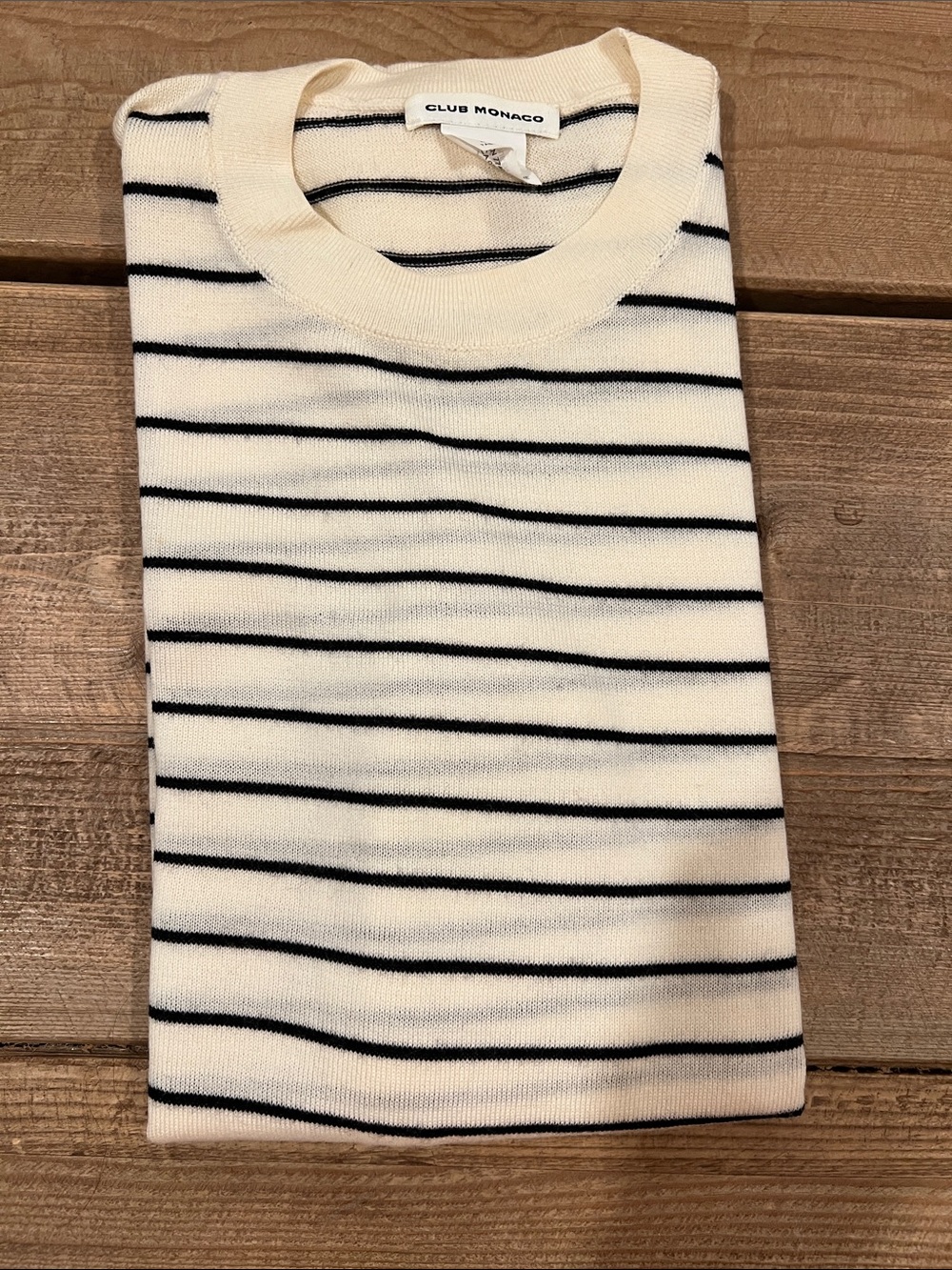 Club Monaco Cream and Black Striped Crewneck Sweater
